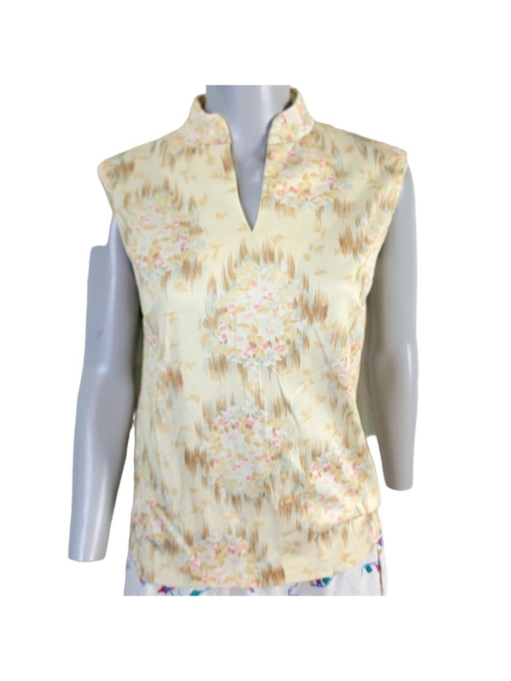 Vintage 70s Floral Tank Top Women 14 XL Beige Pink Sleeveless Shirt Formal Fall